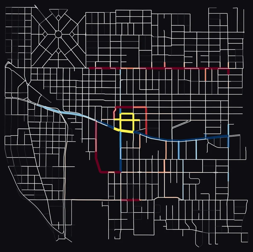 Street map of southeast Portland. The closed section of SE Powell is yellow. Powell is blue where its estimated NO2 emissions fell. Parallel streets to the north and south are red where their estimated NO2 emissions rose.