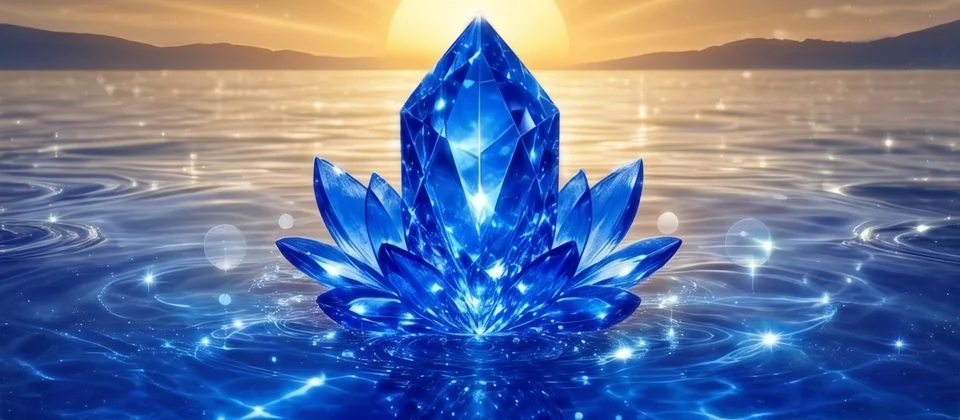 Abundara artwork: a blue crystal rising from a lotus on still water, sunrise behind it