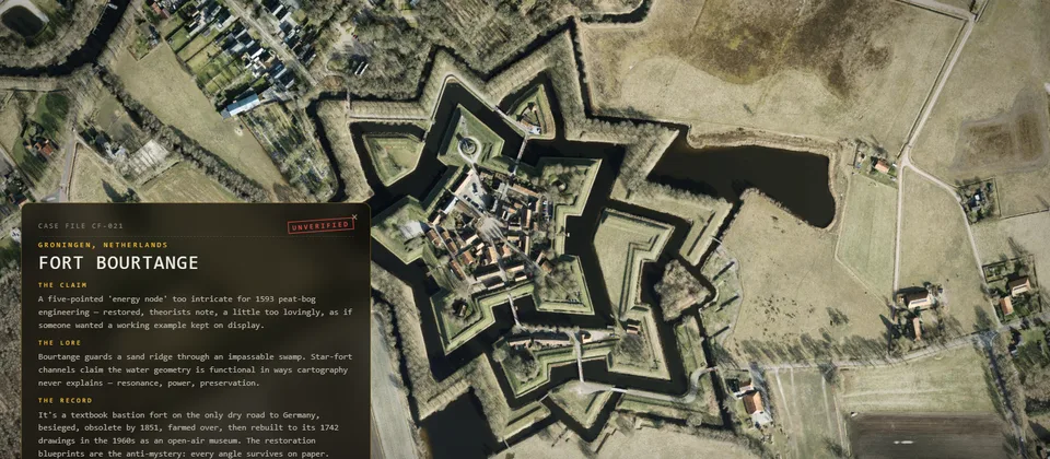 DRIFT screenshot: satellite view of the star-shaped Fort Bourtange in the Netherlands with a case-file panel open beside it