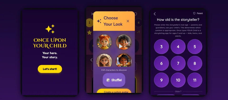 Three screens from Once Upon YOUR Child: the title screen, a character picker, and an age picker