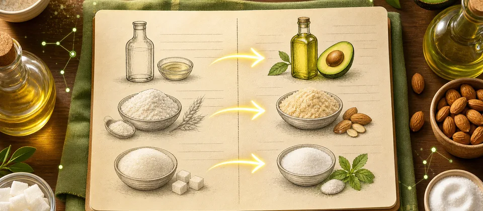 Illustration of a recipe notebook with arrows swapping ingredients for healthier ones