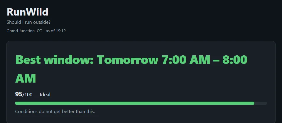 RunWild dashboard recommending the best window to run tomorrow, scored 95 out of 100