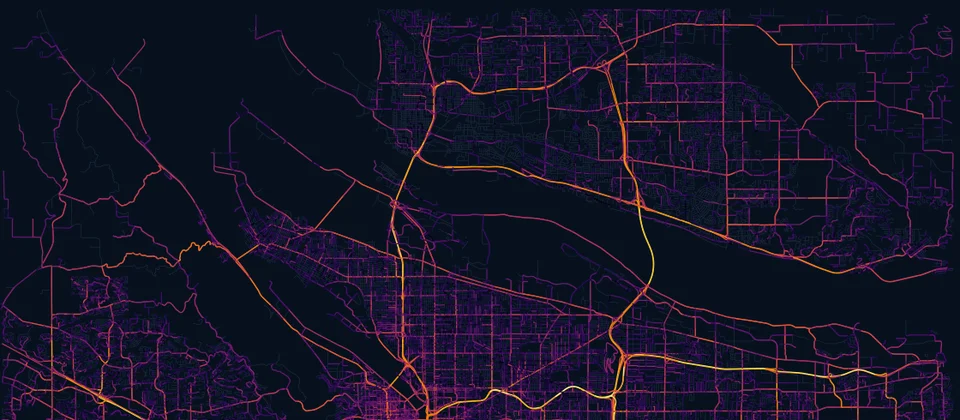 Map of modeled NO2 across the Portland metro street network, brightest along freeways and arterials